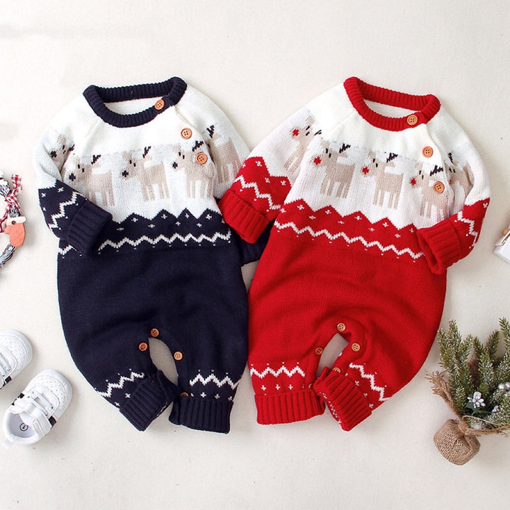 Baby Christmas Button Design Sweater Rompers