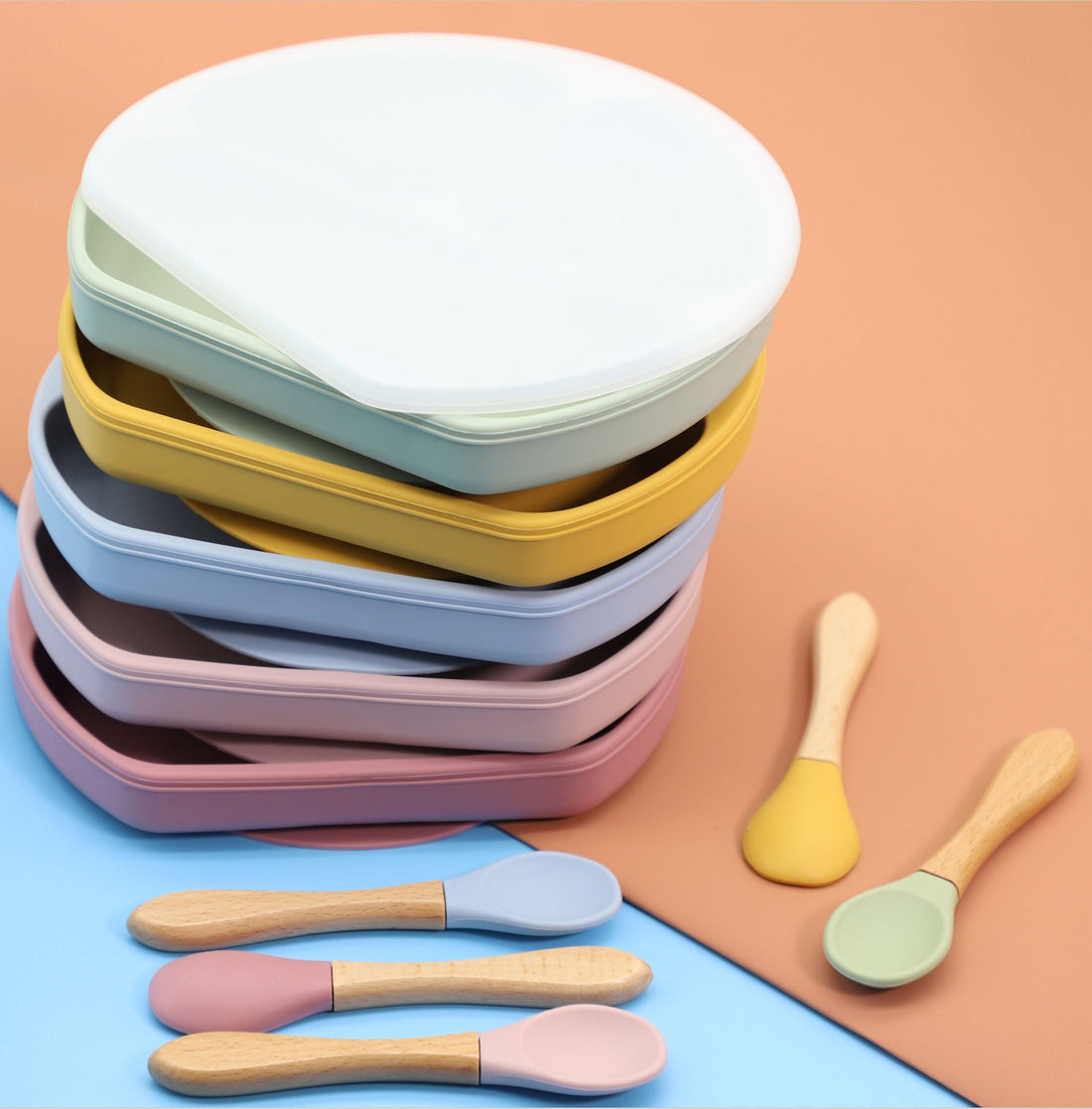 Baby Silicone Plate With Wooden Spoon