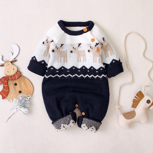 Baby Christmas Button Design Sweater Rompers