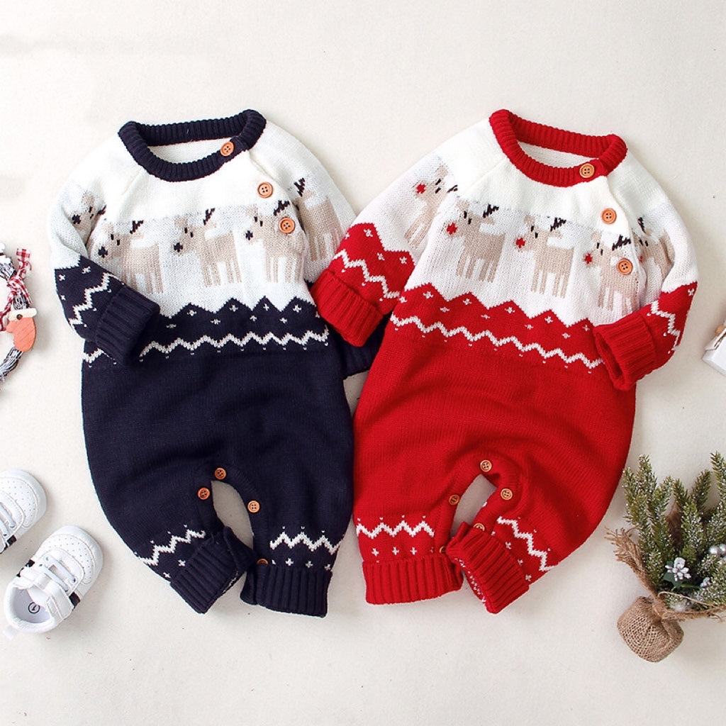 Baby Christmas Button Design Sweater Rompers