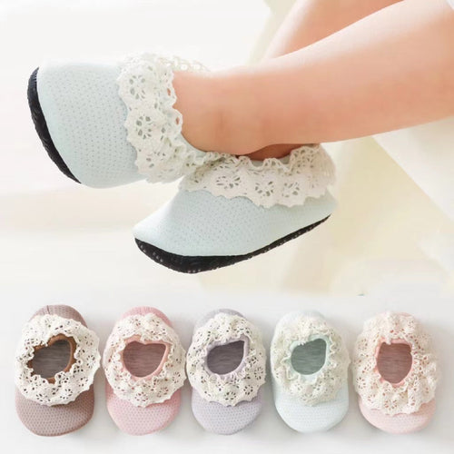 Baby Lace Ruffle Design Rubber Sole Shoes
